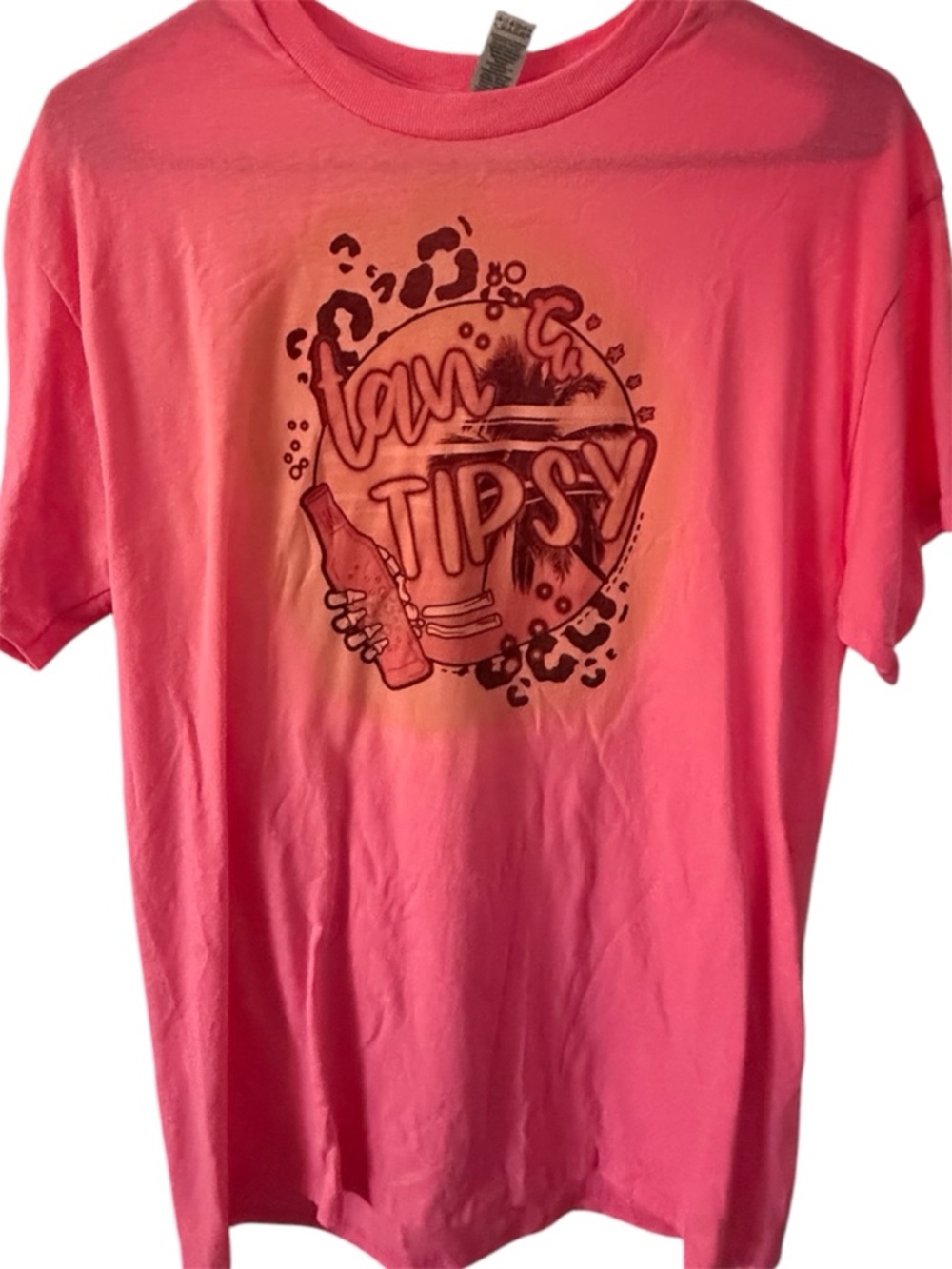 Gildan Bright Pink Graphic Tee Tan and Tipsy graphic on front